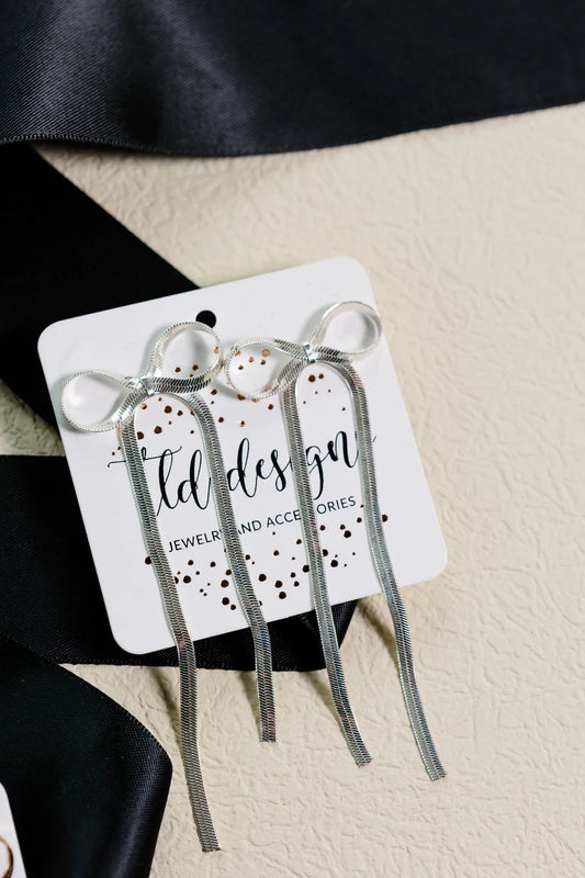 Long Silver Bow Earrings