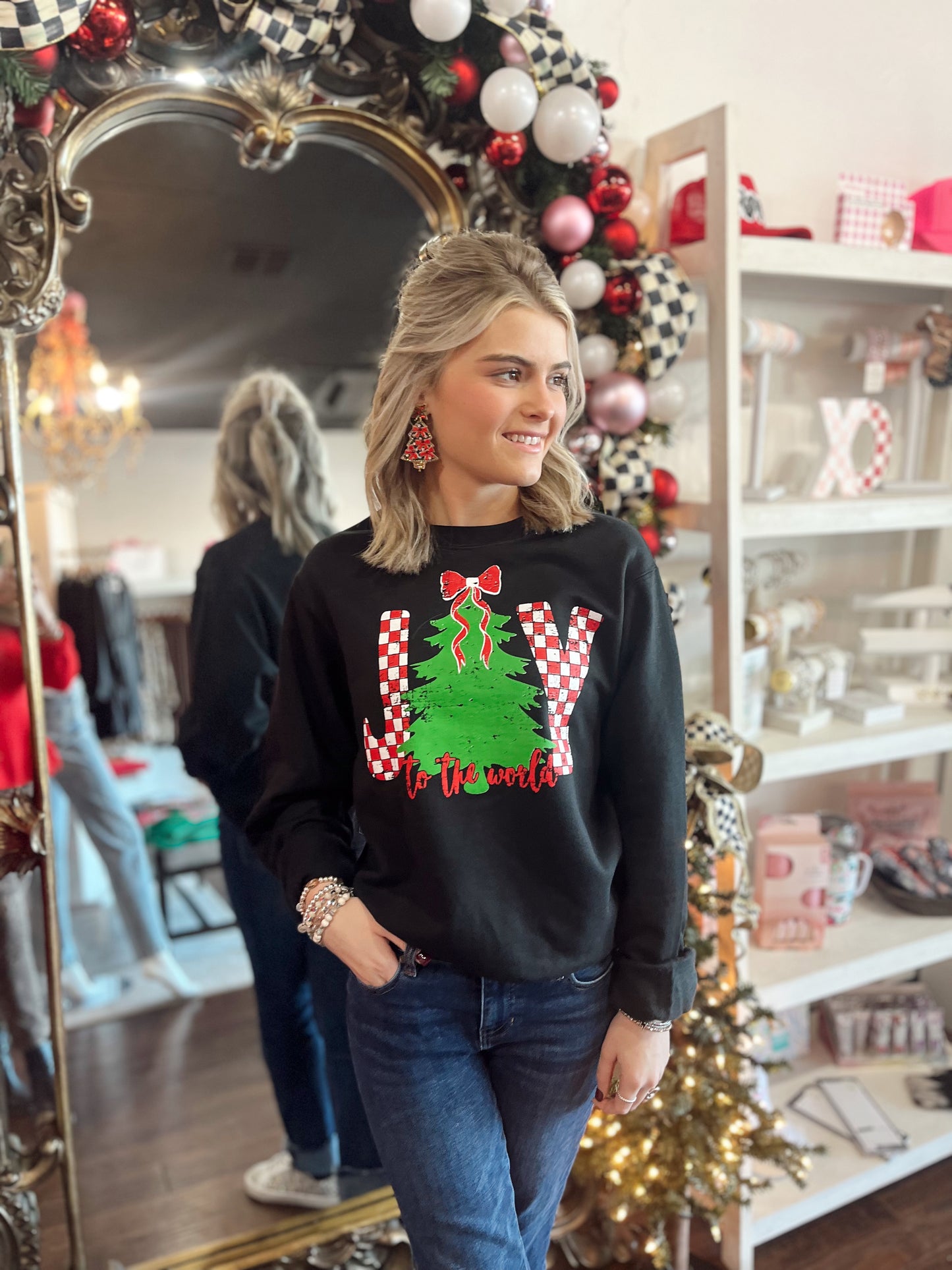 Joy in Red & White Checkered Sweatshirt