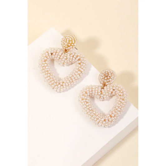 White Heart Beaded Dangle Earrings