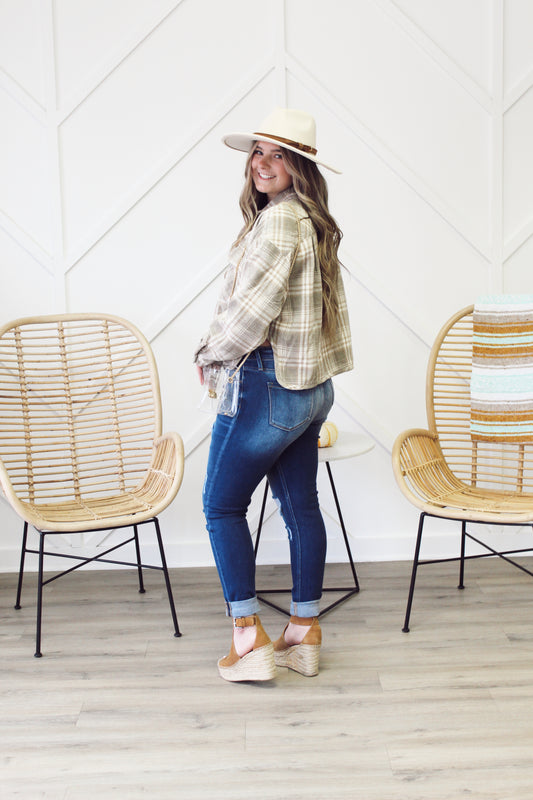 Plaid Cropped Shacket In Gray