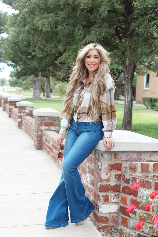 Lantern Sleeve Plaid Short Shaket