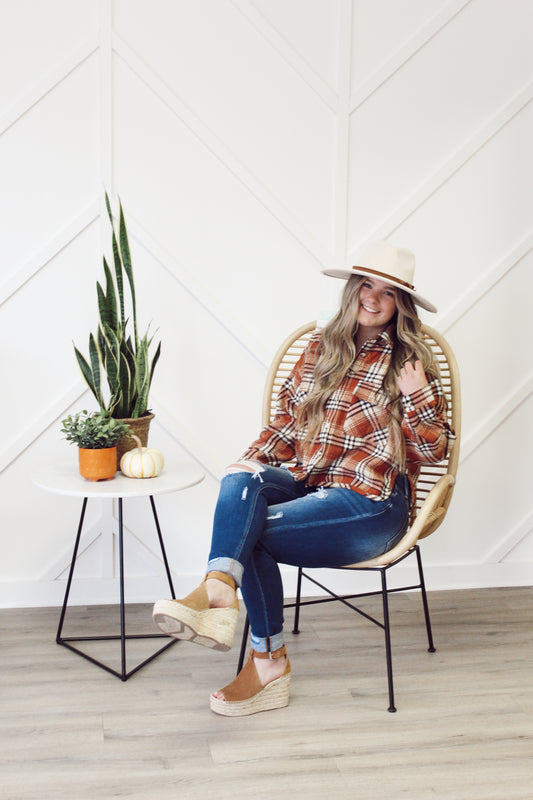 Plaid Cropped Shacket In Rust