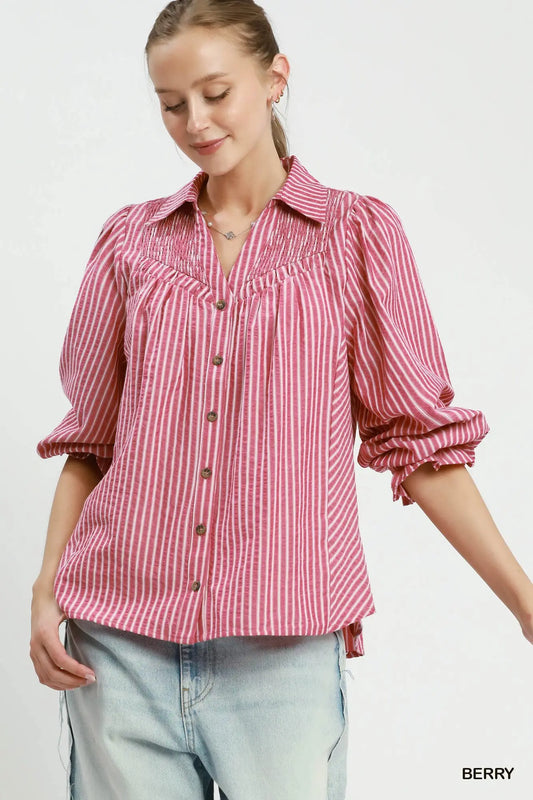 Sweetest Fall Chambray Berry Button Down Blouse