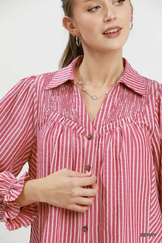 Sweetest Fall Chambray Berry Button Down Blouse