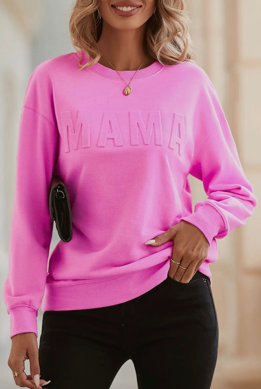 Mama Pink Letter Embossed Casual Sweatshirt