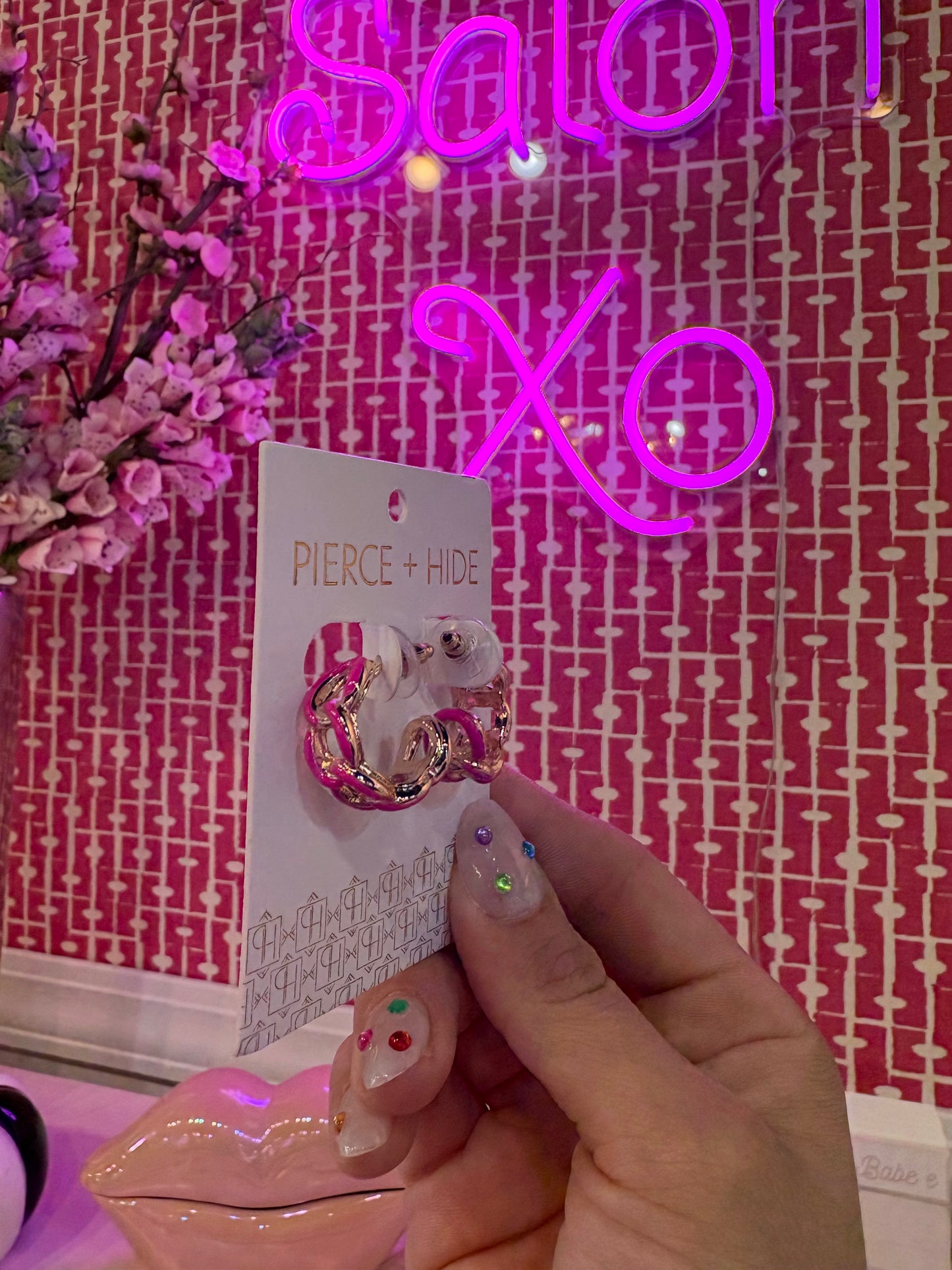 Pink & Gold Acrylic Link Hoop Earrings