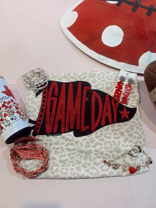 Pennant Game Day Leopard Tee with Red Glitter Puff