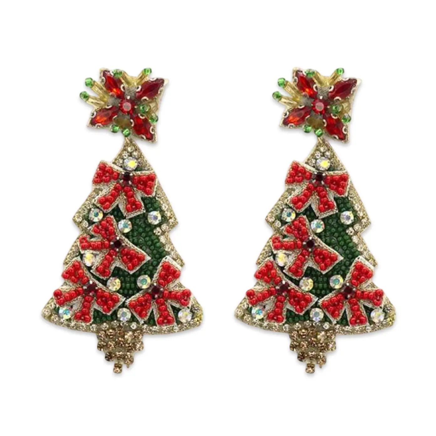 Green + Red Ribbon Christmas Tree Earring Glitzy Gemstone Tree