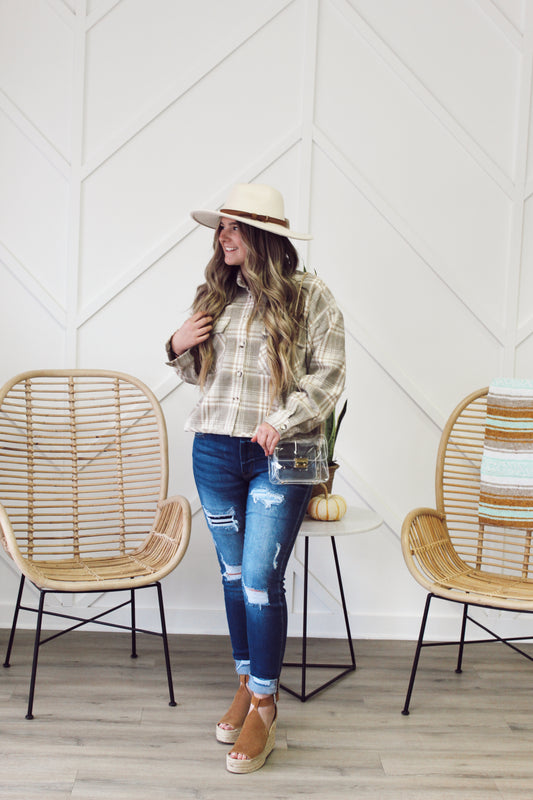 Plaid Cropped Shacket In Gray