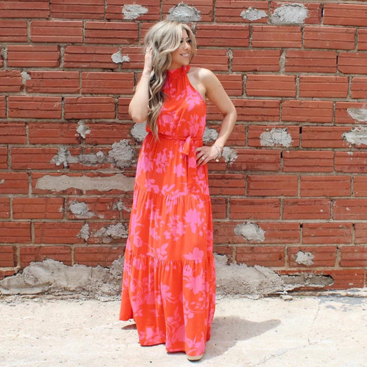 Coral Red Halter Tiered Maxi Dress