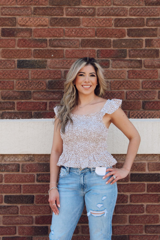 Ruffled Sleeve Woven Smocked Peplum Top