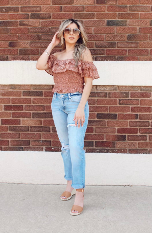 Dusty Rose Off The Shoulder Ruffle Top