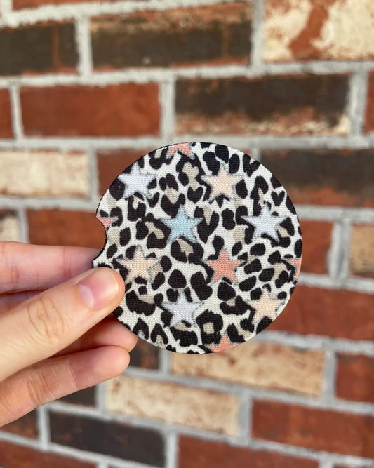 Leopard + Colorful Stars Neoprene Car Coasters